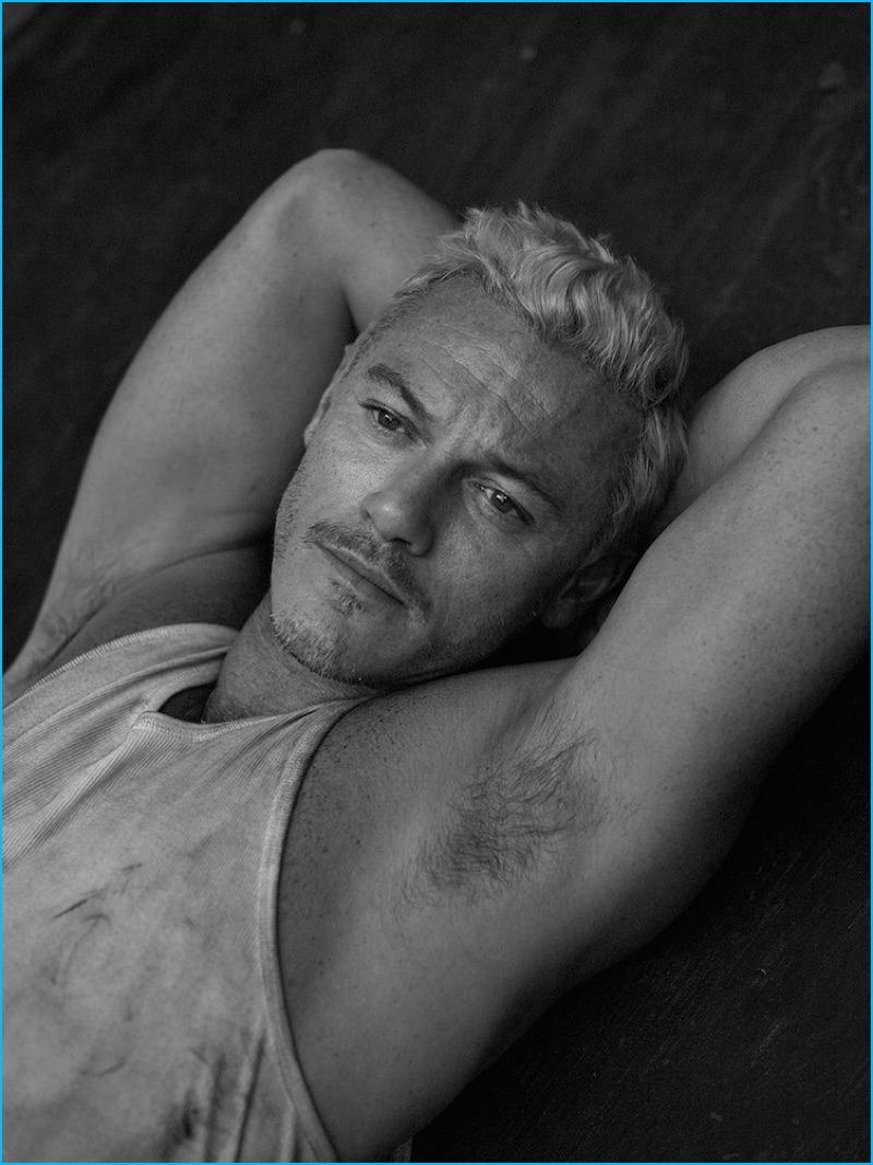 Wearing a vintage Calvin Klein tank, Luke Evans appears in a photo shoot for Interview magazine.