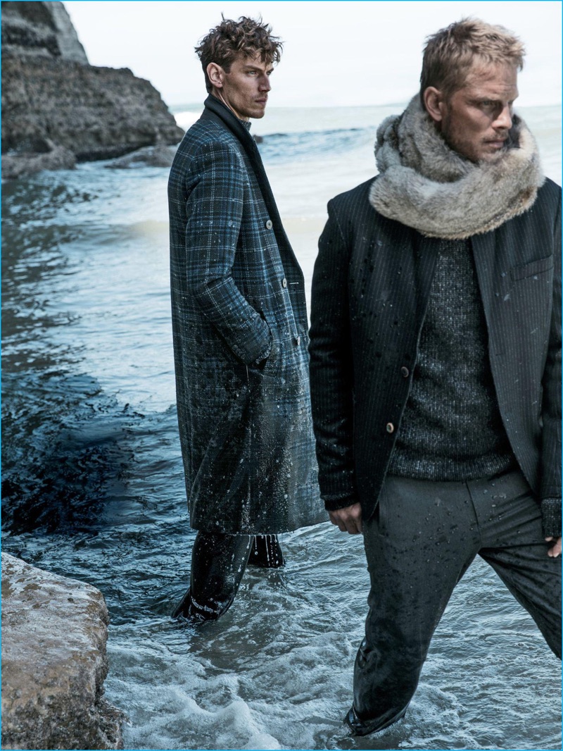 Left to Right: Victor Norlander wears a fall-winter 2016 look from HUGO by Hugo Boss. Arnaud Lemaire dons a Desigual wool jacket, IKKS sweater, and Eden Park trousers.