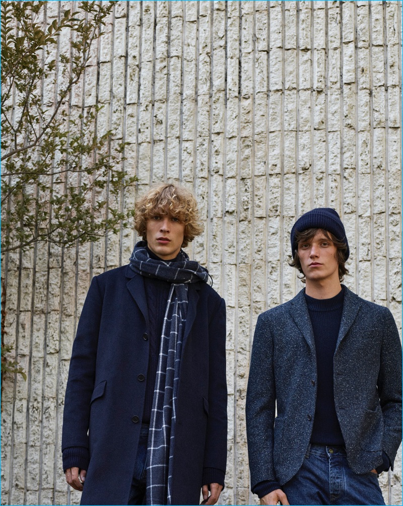 Elodie David-Touboul outfits Sven de Vries and Joep Van de Sande in shades of blue for Mango Man.