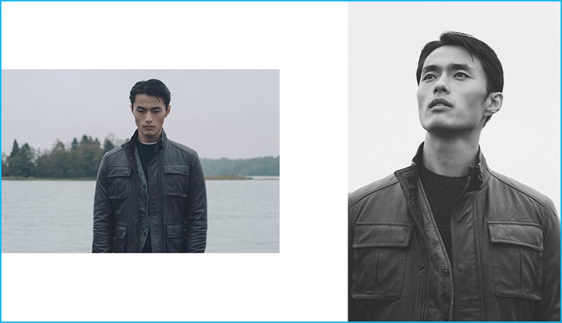 Zhao Lei ventures outdoors in a reversible brown nappa leather jacket with a quilted wool waistcoat, textured weave cable-knit sweater, and t-shirt from Massimo Dutti.