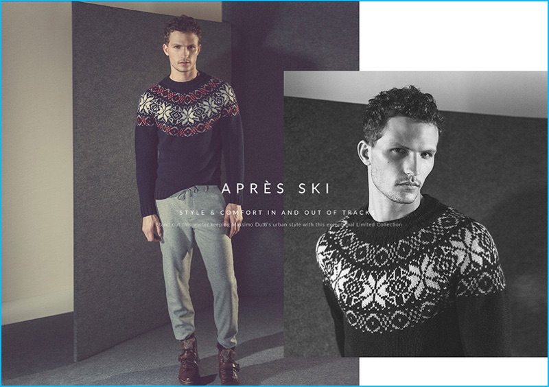 Picture-perfect, Nathaniel Visser wears jacquard sweater, jogging trousers, and buckled leather ankle boots from Massimo Dutti's fall-winter 2016 Après Ski collection.