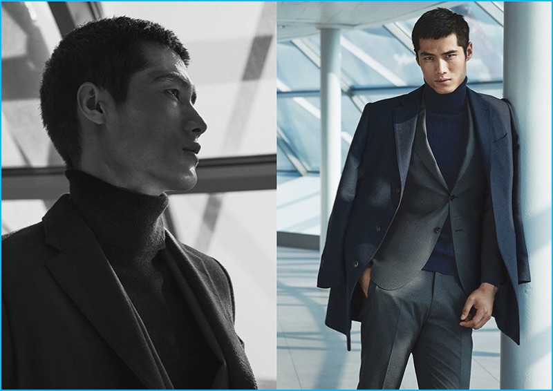 Donning a sophisticated look from Massimo Dutti, Hao Yun Xiang wears suiting with a turtleneck sweater.