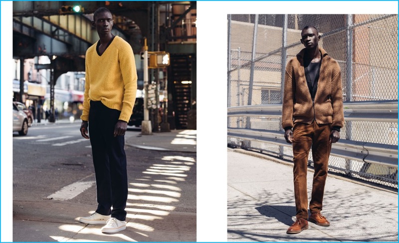 Pictured left to right, Fernando Cabral wears a yellow v-neck alpaca-blend sweater with wool pleated trousers from Marni and No. 288 white sneakers. Fernando sports a zip-front cardigan from Lanvin with a Denis Colomb tank, Ami corduroy pants, and Armando Cabral shoes.
