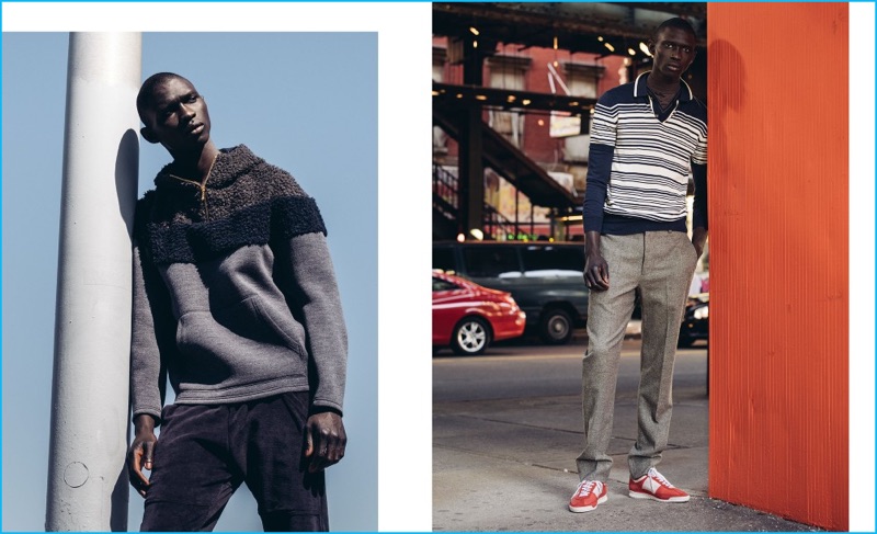 Taking to the streets of New York, Fernando Cabral sports a Kolor contrast sweater with Longjourney track pants. Right, Fernando goes retro in striped polo and wool sweater from Orley with Lemaire trousers and Marc Jacobs sneakers.