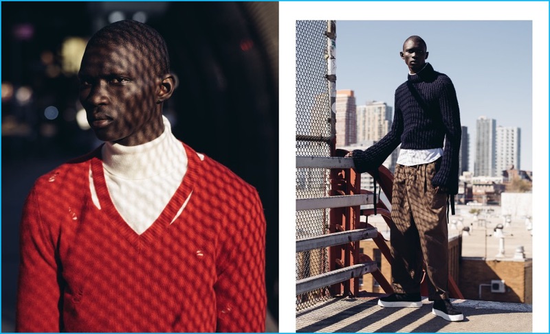 Pictured left, Fernando Cabral embraces the distressed trend in a red v-neck sweater from Alexander McQueen, layering with an Off-White turtleneck sweater. Posing with against a city landscape, Fernando wears a shirt and navy ribbed sweater from J.W. Anderson with wide-leg Tomorrowland trousers, and Eytys sneakers.