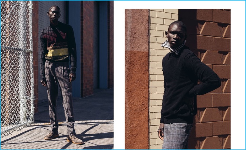Connecting with Matches Fashion, Fernando Cabral wears a degradé wool-knit sweater from Bottega Veneta with Giorgio Armani pleated wool trousers, and Tomas Maier leather boots. Posing right, Fernando dons oversized Vetements trousers with a Balenciaga sweater and zip-through sweater from Tomas Maier worn underneath.