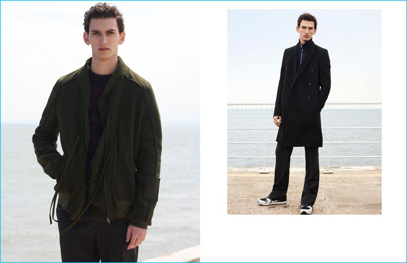 Pictured left, Thibaud Charon wears a Damir Doma field jacket with a Bottega Veneta sweater, and OAMC trousers. Right, Thibaud dons a double-breasted coat from Rick Owens with a Maison Margiela zip-front sweater, Burberry trousers, and Dolce & Gabbana sneakers.