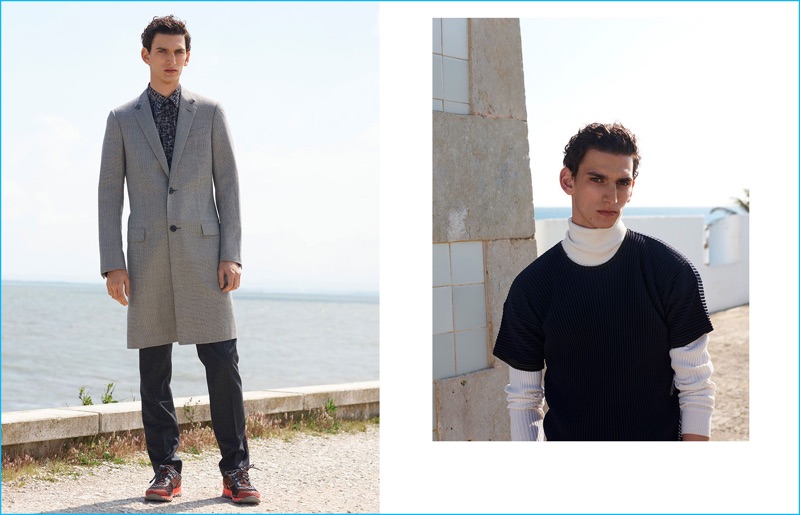 Joachim Mueller-Ruchholtz photographs Thibaud Charon in tailored fashions from Matches Fashion. Left, Thibaud wears a Lanvin overcoat with a Jil Sander shirt and Maison Margiela trousers. The model also sports Lanvin sneakers. Right, Thibaud sports a Homme Plissé Issey Miyake t-shirt with a Jil Sander sweater.