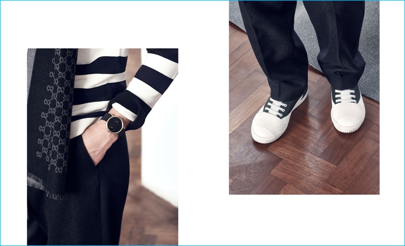 Matches Fashion spotlights fall accessories, ready to wear, and footwear with a striped sweater and GG jacquard wool scarf by Gucci, as well as wool Valentino trousers, a Kitmen Keung watch, Ami wool trousers, and Marni sneakers.