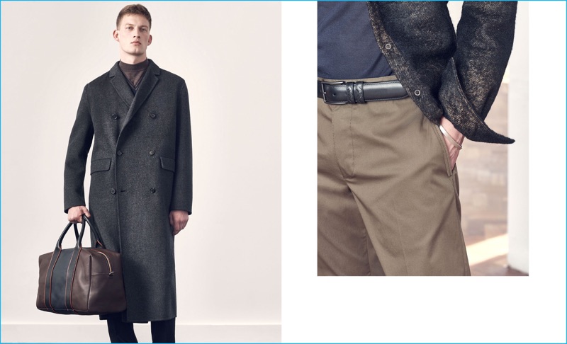 Standing tall, Bastian Thiery models an Acne Studios wool and cashmere blend overcoat with a mock turtleneck sweater from Orley with Lemaire trousers and a Paul Smith leather holdall. Pictured right, Bastian dons a sweater and slim-leg chino trousers from Lanvin with a Bottega Veneta wool shirt and leather belt.