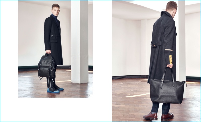Channeling military style left, Bastian Thiery wears a wool-blend overcoat from Givenchy with an Ami jersey track top, Paul Smith track pants, Loewe sneakers, and a Lanvin backpack. Right, Bastian dons a wool and cashmere blend Gucci coat and checked trousers with grained leather Cheaney derby shoes, and a Smythson Burlington leather tote.