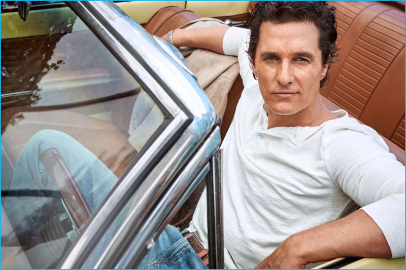 Going casual for the pages of Esquire, Matthew McConaughey wears a henley and distressed denim jeans from Polo Ralph Lauren.