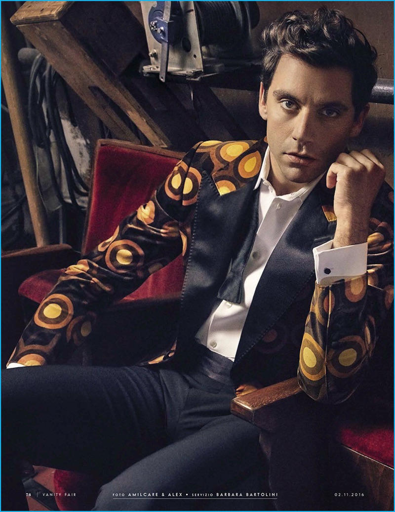 Singer Mika dons a 70s inspired tuxedo jacket from Tom Ford for Vanity Fair Italia.