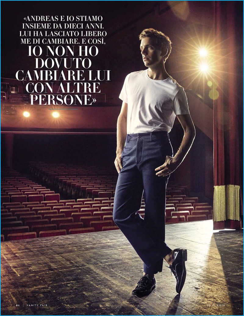 Mika takes the stage in a H&M t-shirt and Prada trousers for Vanity Fair Italia.