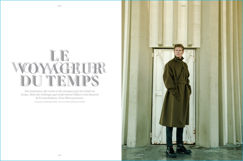 Fernando Gomez photographs Mikkel Jensen for L'Officiel Hommes Switzerland. The Danish model dons an oversized Jil Sander coat with Lanvin trousers, and Dior Homme boots.