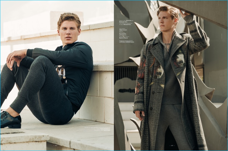 Pictured left, Mikkel Jensen wears a western-inspired bomber jacket with joggers from Dolce & Gabbana. Right, Mikkel dons a Givenchy trench with a Michael Kors half-zip pullover and sweatpants.