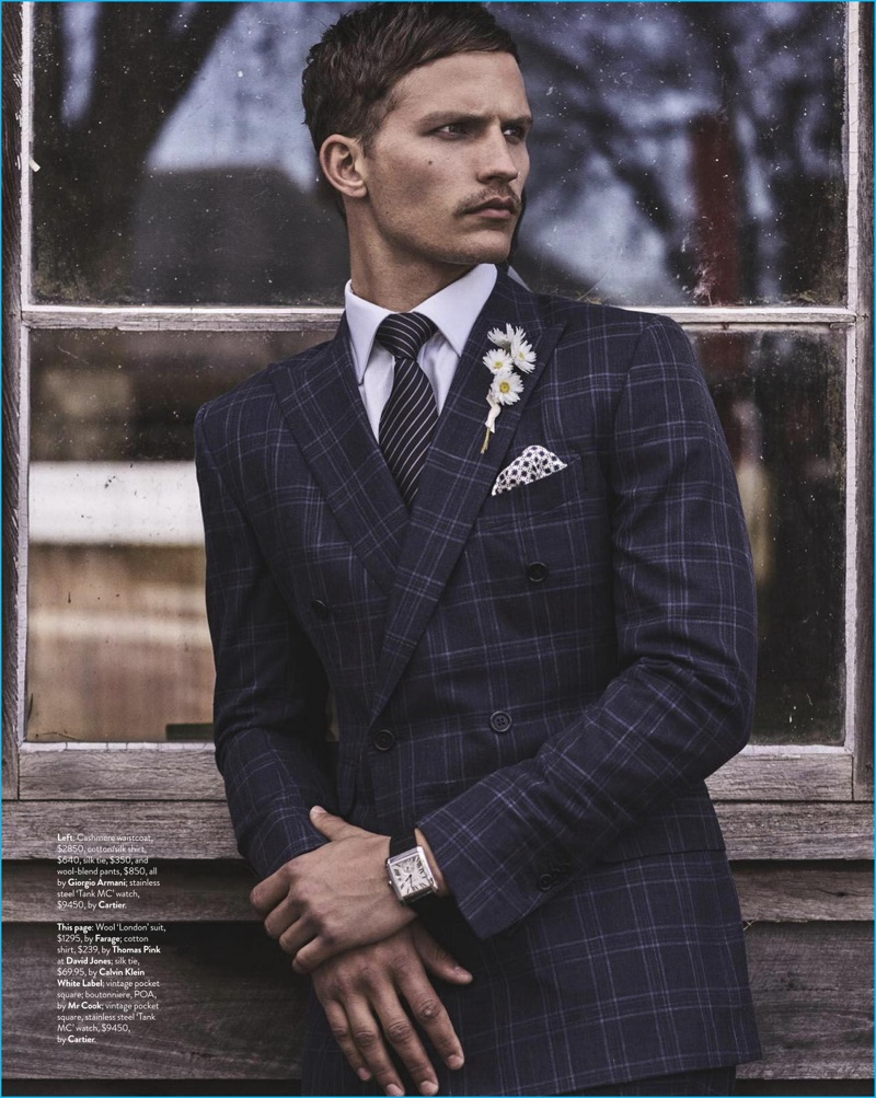 Nathaniel Visser wears a Farage wool suit with a Thomas Pink shirt, Cartier watch, and Calvin Klein White Label silk tie for GQ Australia.