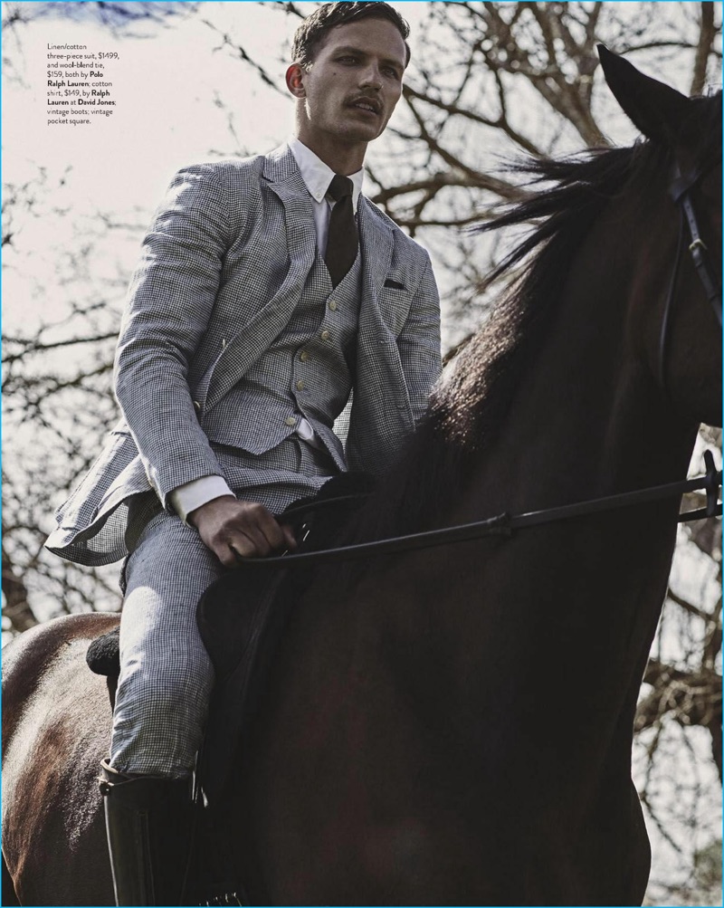 Riding horseback, Nathaniel Visser dons a three-piece suit from Polo Ralph Lauren with a Ralph Lauren shirt for GQ Australia.
