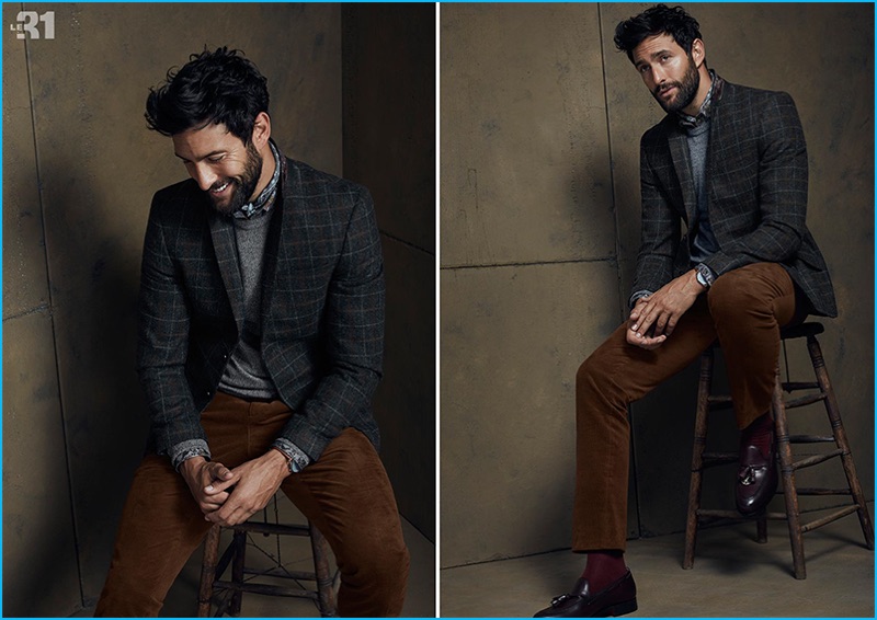Noah Mills wears a check jacket, crewneck sweater, and corduroy pants from Simons' fall-winter 2016 offering.