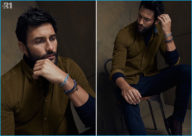 Sitting for portraits, Noah Mills dons autumnal hued fashions from Simons.