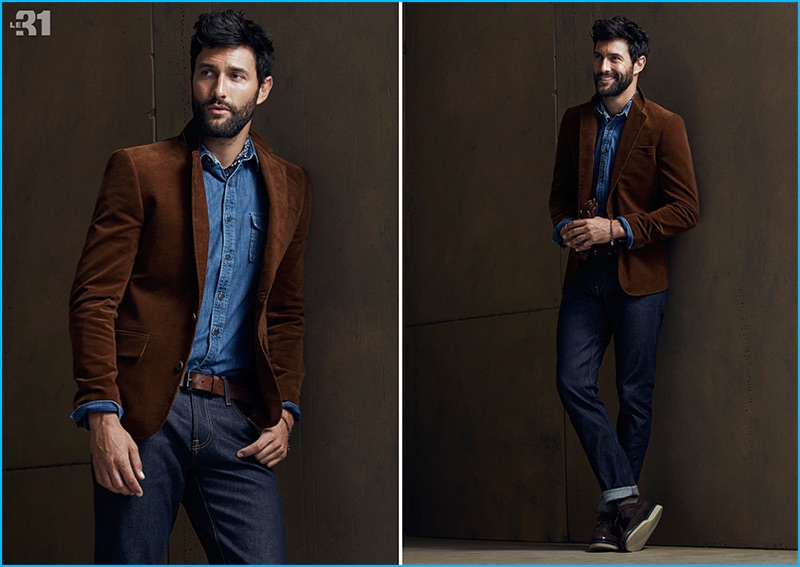 Modeling a double denim look, Noah Mills completes his look with a sport jacket.