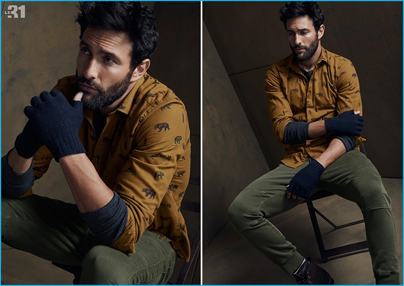 Simons enlists Noah Mills for a fall lookbook featuring LE 31's forest print shirt, waffle baseball tee, fleece joggers, and merino cut-off gloves.