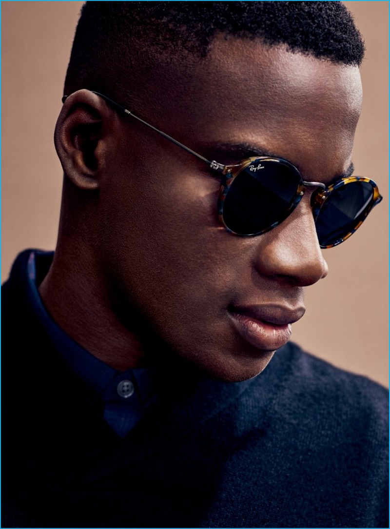David Agobdji is ready for his close-up in Ray-Ban 49mm Retro sunglasses and a Nordstrom Men's Shop shawl collar sweater.