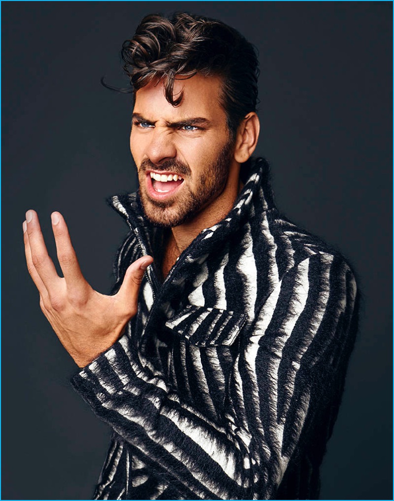 Kristine Kilty styles Nyle DiMarco in a graphic print jacket from Etro for Prestige Runway Hong Kong.