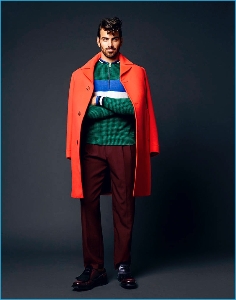 Appearing in a photo shoot for Prestige Runway Hong Kong, Nyle DiMarco wears a colorful look from Paul Smith.