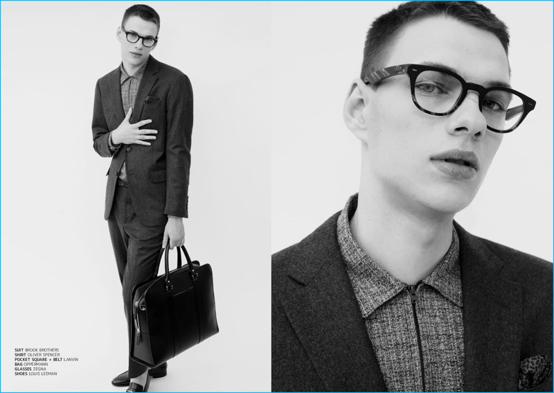 Dove Dainauskas tackles smart style in a Brooks Brothers suit and Zegna glasses for JÓN magazine.