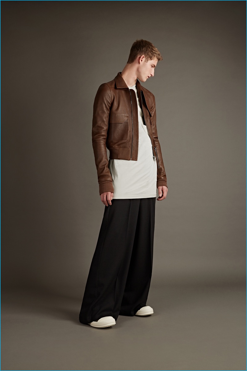 Rick Owens Drkshdw off-white long-sleeved t-shirt, Rick Owens black wide-leg trousers and hi-top sneaker boots.