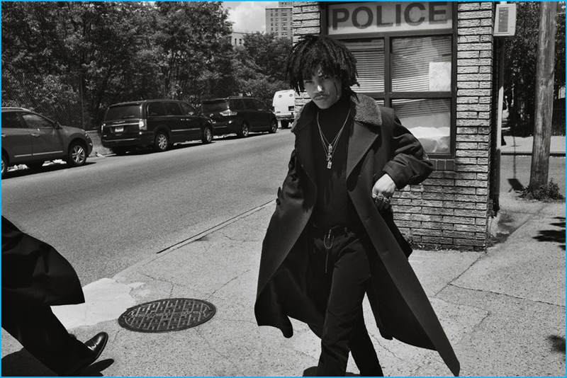 Heading outdoors, Luka Sabbat dons a long coat for Ovadia & Sons' fall-winter 2016 campaign.