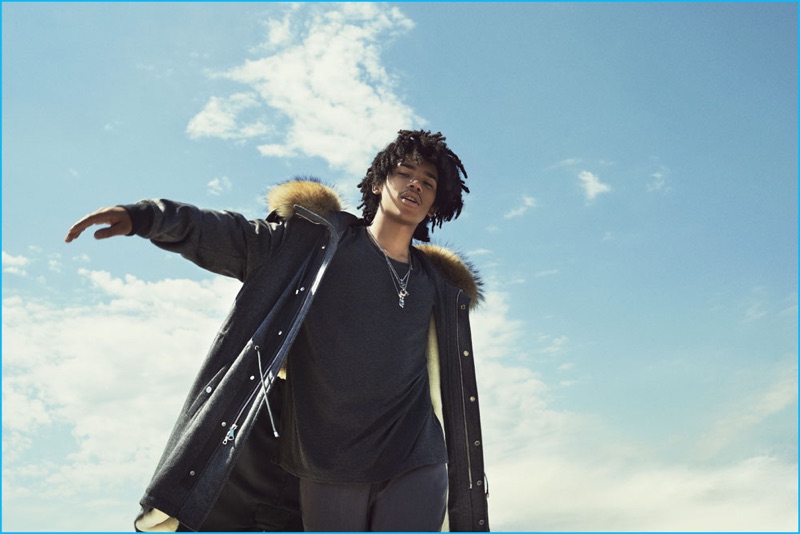 Model Luka Sabbat poses against a background of clouds for Ovadia & Sons' fall-winter 2016 campaign.