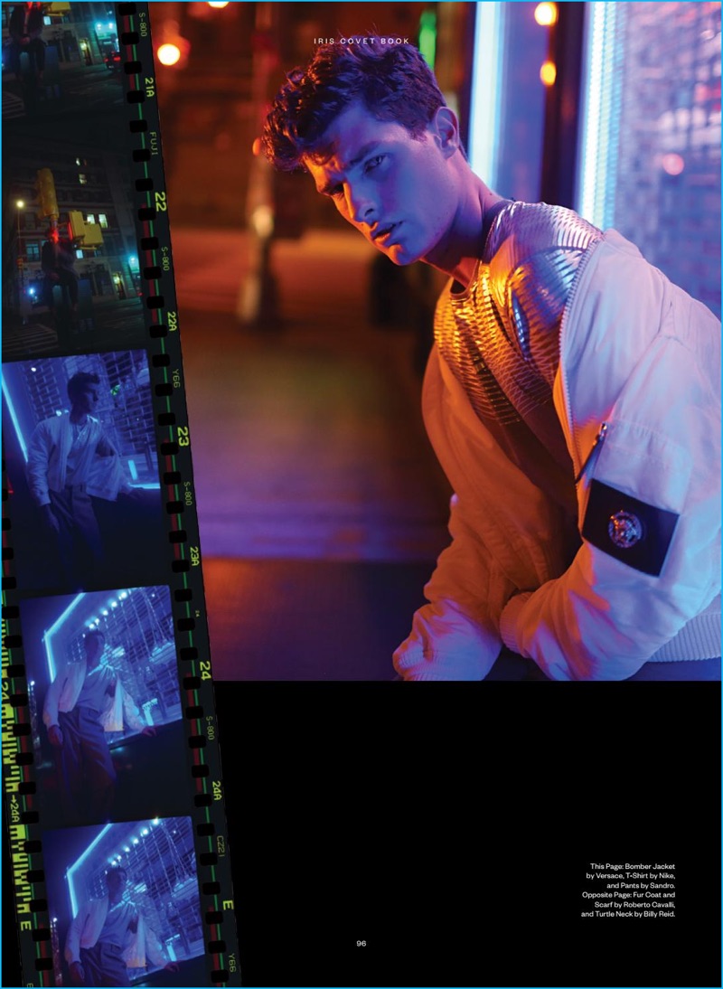 Model Paolo Anchisi rocks a Versace bomber jacket with a Nike t-shirt and Sandro pants for Iris Covet Book. » Night Walk: Paolo Anchisi Covers Iris Covet Book Model Paolo Anchisi rocks a Versace bomber jacket with a Nike t-shirt and Sandro pants for Iris Covet Book.