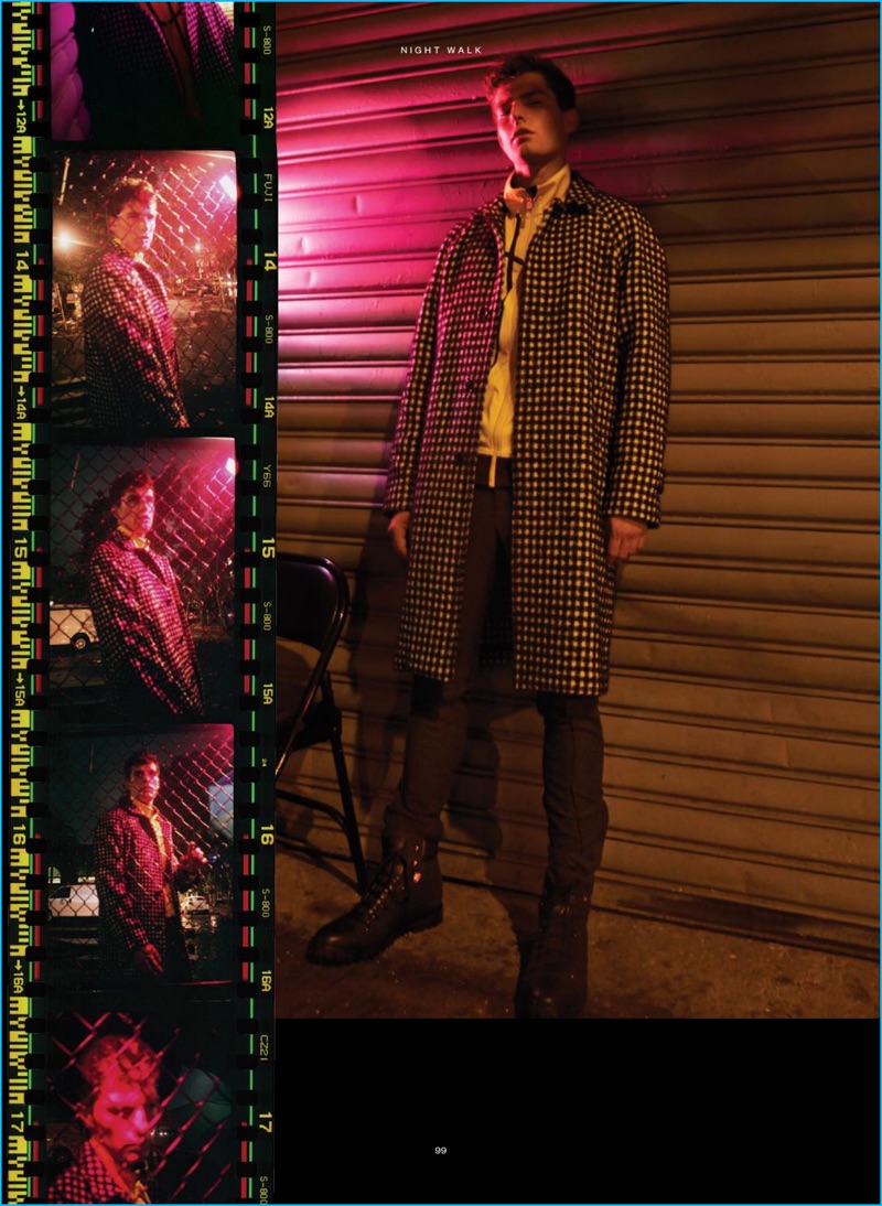 Danny Lim photographs Paolo Anchisi in a graphic Sandro coat with a yellow Puma track jacket as well as pants and leather boots from Michael Kors.