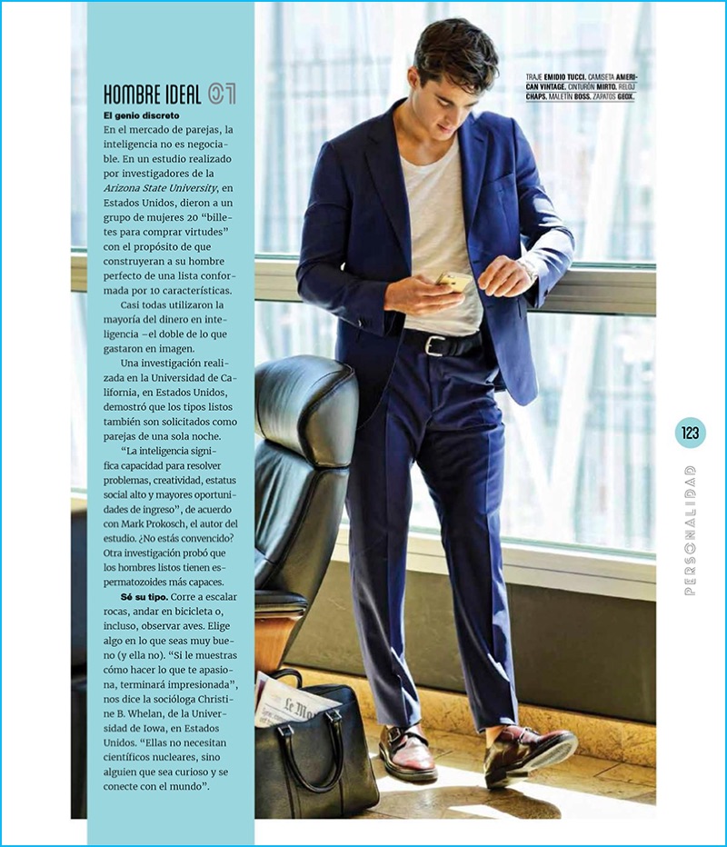 Pietro Boselli wears a blue suit from Emidio Tucci with a shirt from American Vintage, Mirto leather belt, and Geox shoes.