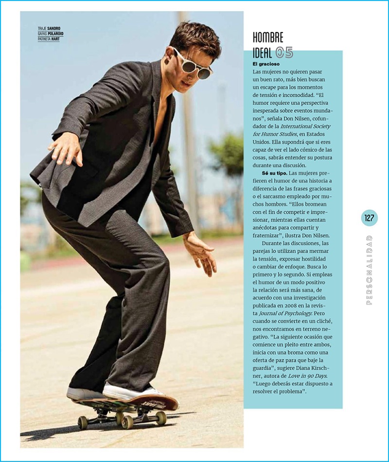 Pietro Boselli skateboards in a Sandro suit with Polaroid sunglasses.
