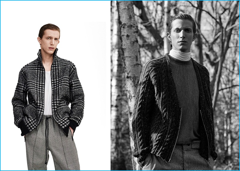 Pictured left, Xavier Buestel embraces a chic look from Raey in a houndstooth jacket, paired with Prince of Wales check track pants and a Lemaire tank.