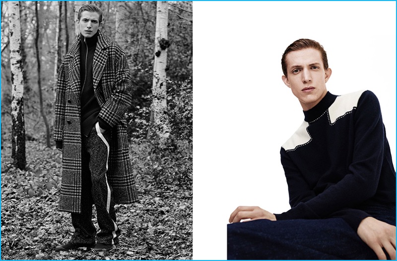 Simon Chilvers styles Xavier Buestel in a houndstooth double-breasted coat with a full-zip sweater, and track pants from Raey with Burberry rubberized leather boots.