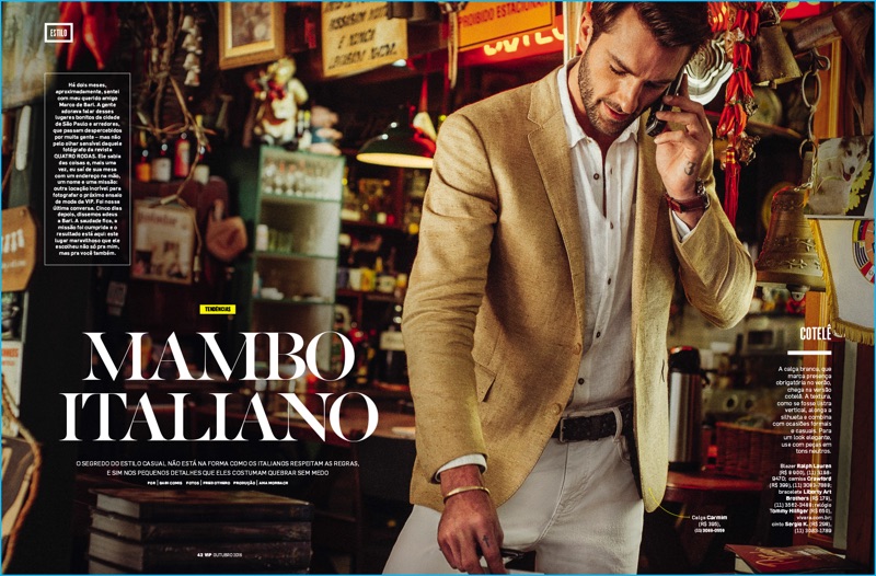 Rafael Lazzini wears a Ralph Lauren blazer with a Crawford shirt and Carmin jeans for VIP Brasil.