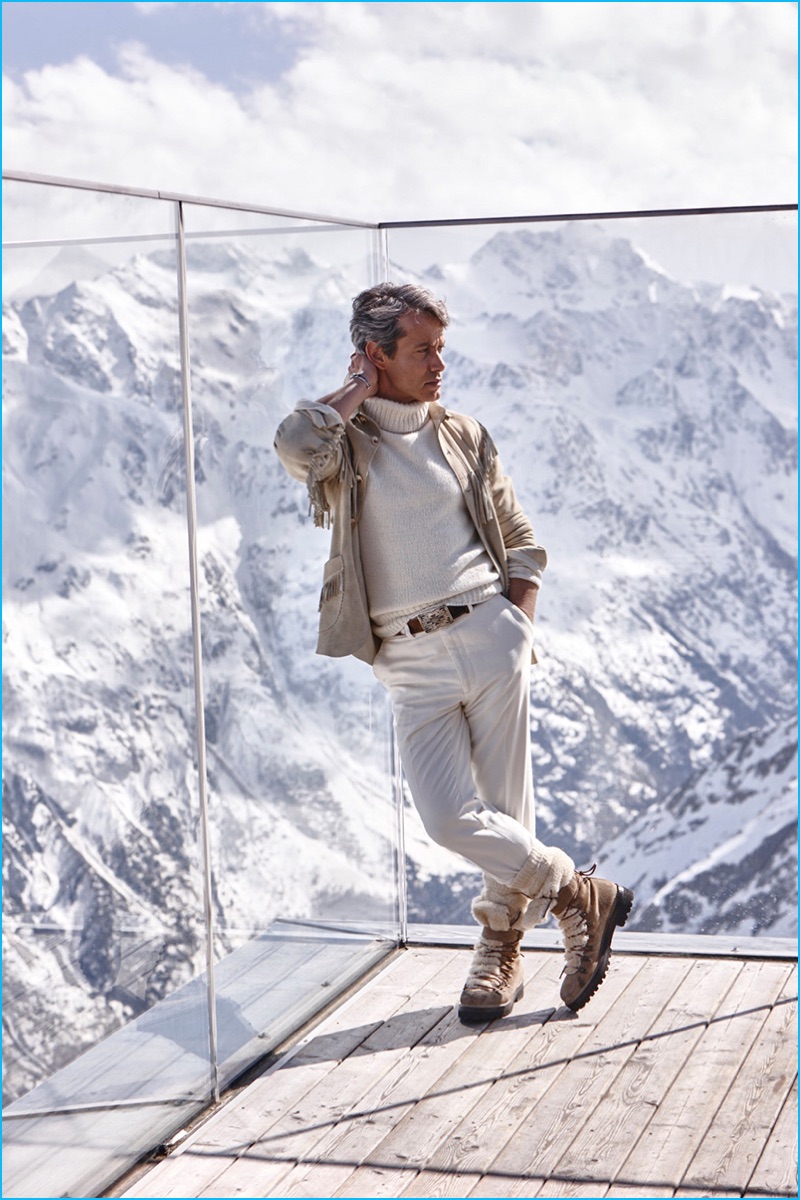 Taking in views of the Alps, Andrew Lauren stars in Ralph Lauren Purple Label's fall-winter 2016 campaign.