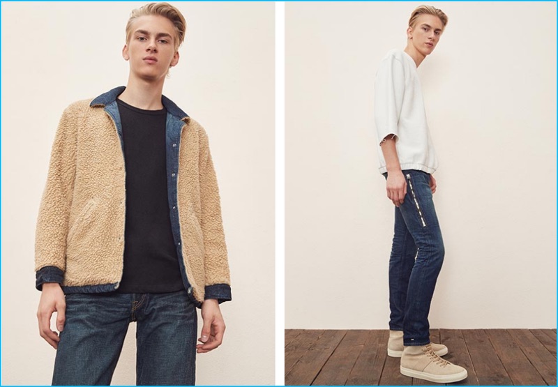 Starring in Revolve Man's fall jean guide, Dominik Sadoch wears a shearling jacket, t-shirt, and denim jeans from Simon Miller. Pictured right, Dominik models a 3/4 sleeve sweatshirt and denim jeans from Mr. Completely with Daniel Patrick high-top sneakers.