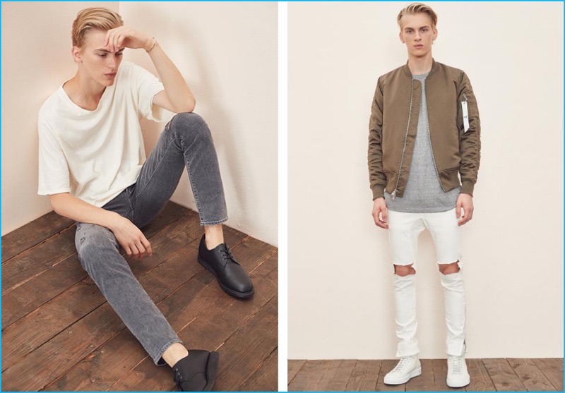 Model Dominik Sadoch sports an IRO white t-shirt and Agolde grey distressed denim jeans with Dr Martens shoes. Pictured right, Dominik dons a t-shirt and leather high-top sneakers from John Elliott with a Stampd bomber jacket and white Daniel Patrick ripped denim jeans.
