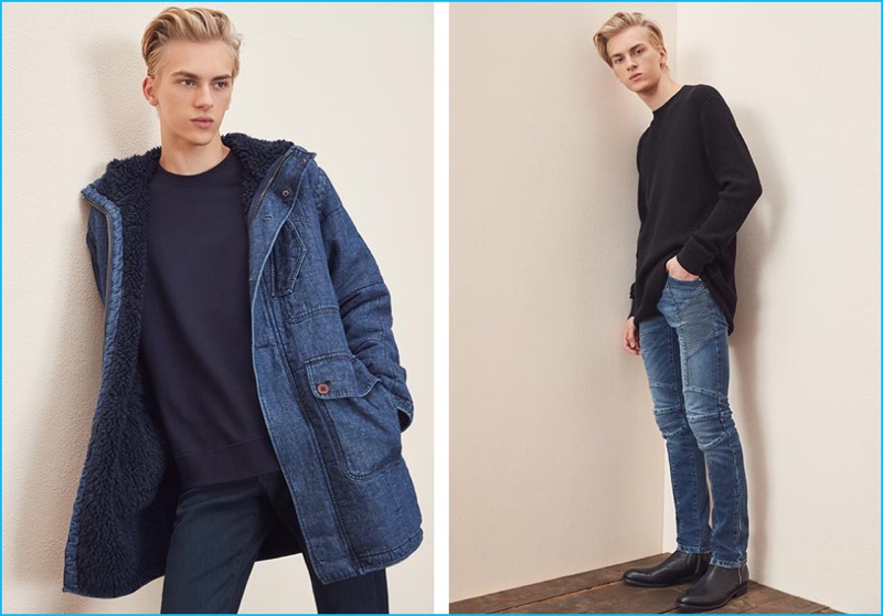 Going casual for Revolve Man's fall jean guide, Dominik Sadoch sports a Frame Denim sweatshirt and jeans with an Outerknown parka. Pictured right, Dominik wears a Frame Denim t-shirt, T by Alexander Wang long sleeve tee, Pierre Balmain denim jeans, and H by Hudson leather boots.