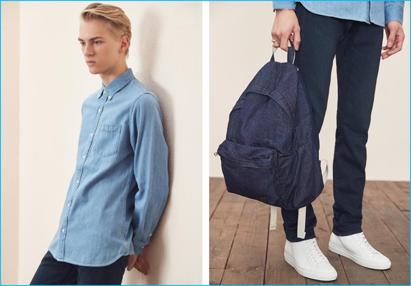 Embracing a classic denim ensemble, Dominik Sadoch wears a Frame Denim classic shirt and jeans with Common Projects Original Achilles Mid sneakers and a Porter-Yoshida & Co. backpack.