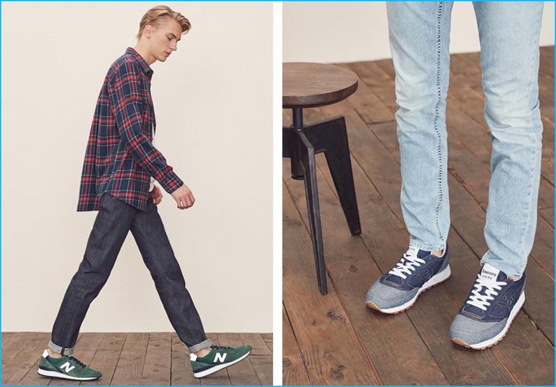Standing tall, Dominik Sadoch sports Naked & Famous Denim jeans with an Obey plaid shirt, Frame Denim tee, and New Balance sneakers. Pictured right, Dominik wears Nudie Jeans denim with Saucony sneakers.