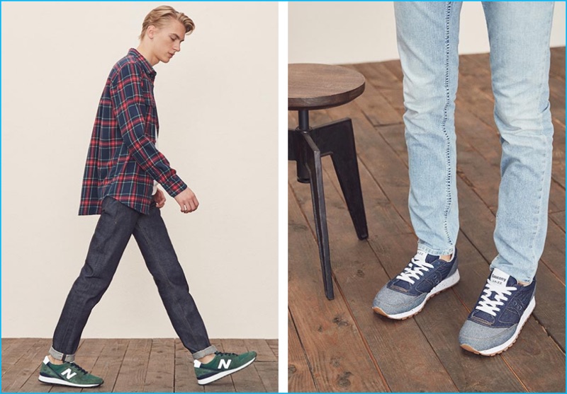 Standing tall, Dominik Sadoch sports Naked & Famous Denim jeans with an Obey plaid shirt, Frame Denim tee, and New Balance sneakers. Pictured right, Dominik wears Nudie Jeans denim with Saucony sneakers.