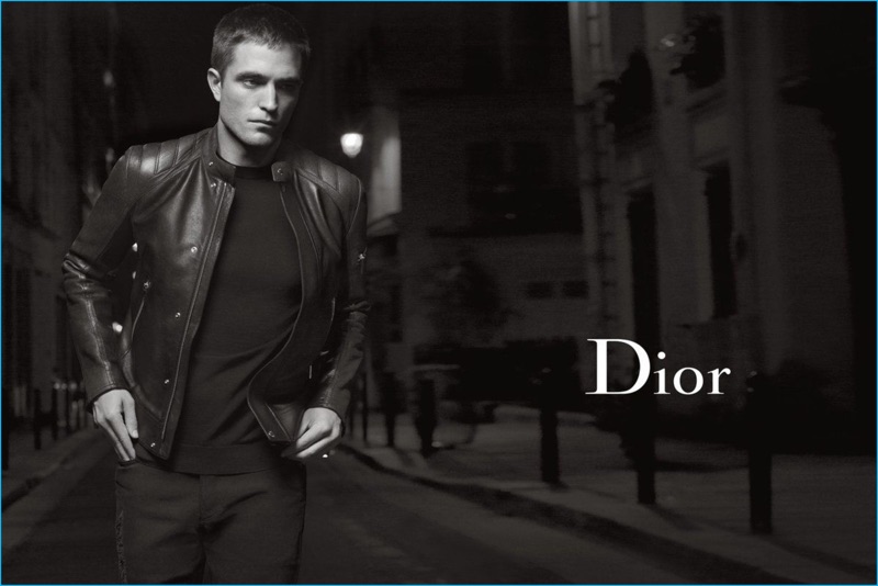 Robert Pattinson pictured in a leather jacket for Dior Homme's spring-summer 2017 campaign.