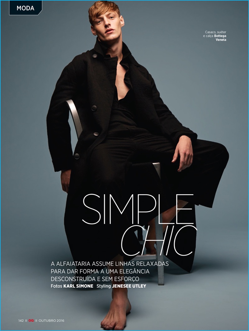 Karl Simons photographs Roberto Sipos in relaxed tailoring from Bottega Veneta for GQ Brasil.