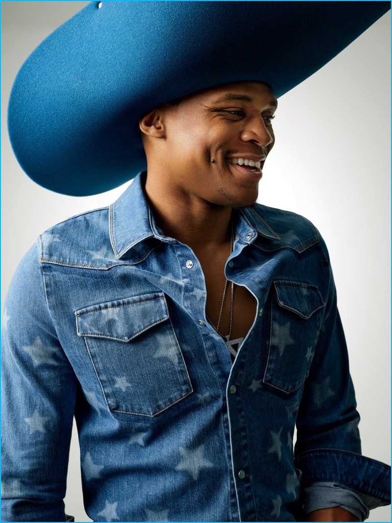 Oklahoma City Thunder point guard, Russell Westbrook charms in an image for American GQ.